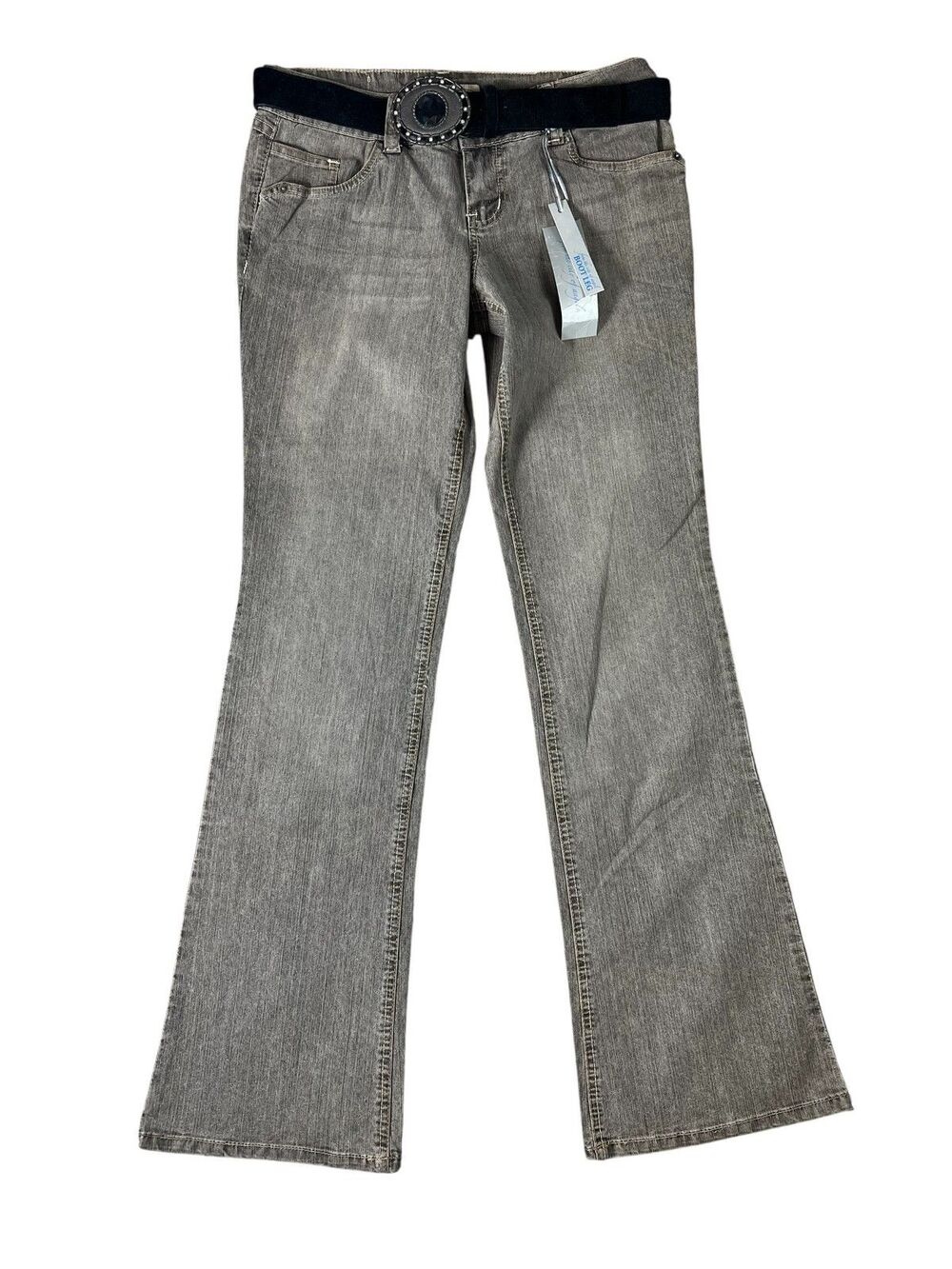 YMI Boot Leg Flare Low-Rise Gray Jeans w Belt Size 9 NWT Boho Retro Deadstock